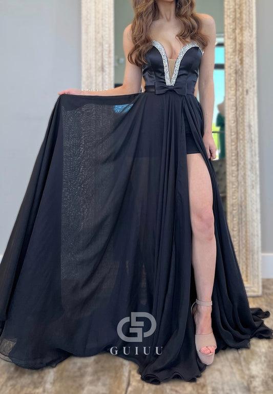 Simple Black Strapless Sleeveless Slit Sequins Prom Dress