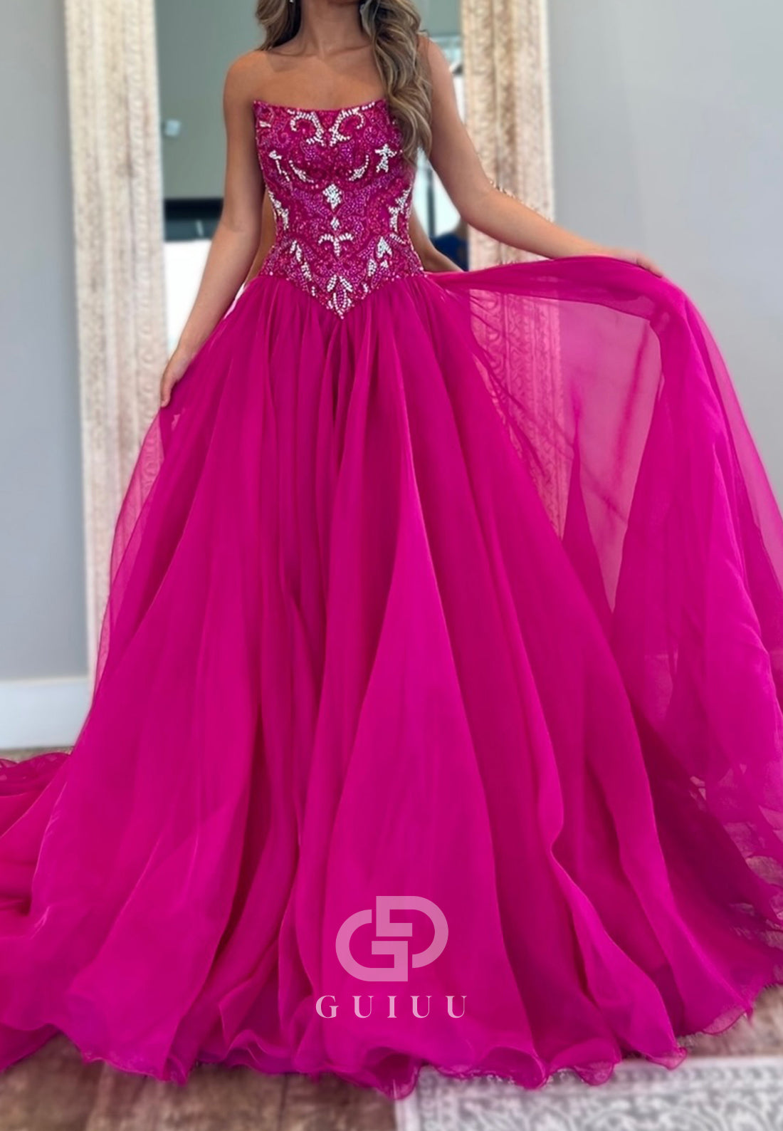 Fuchsia A-Line Strapless Sleeveless Empire-Waist Prom Dress