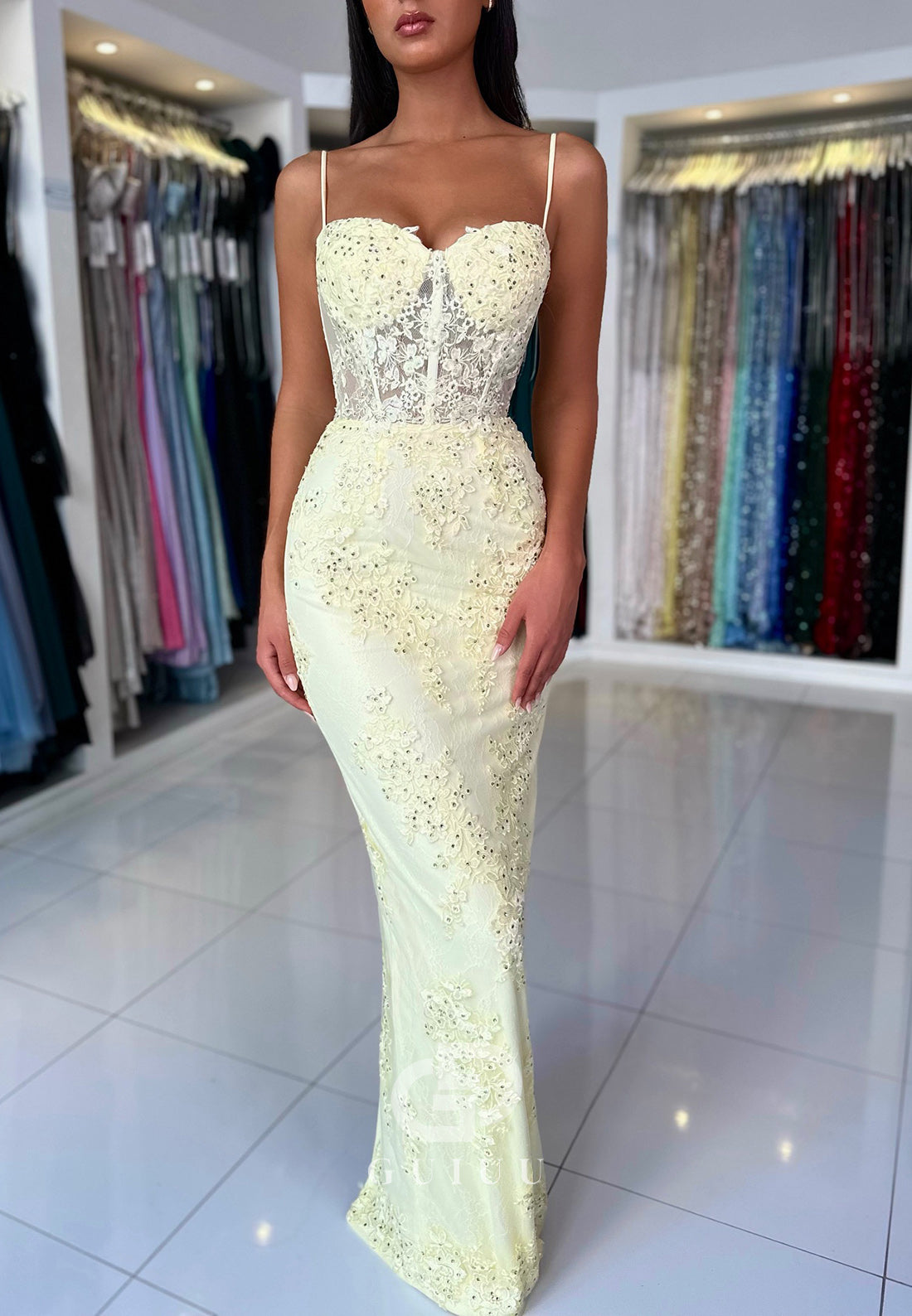 Sheath Spaghetti Straps Sweetheart Corset Tulle Prom Dress