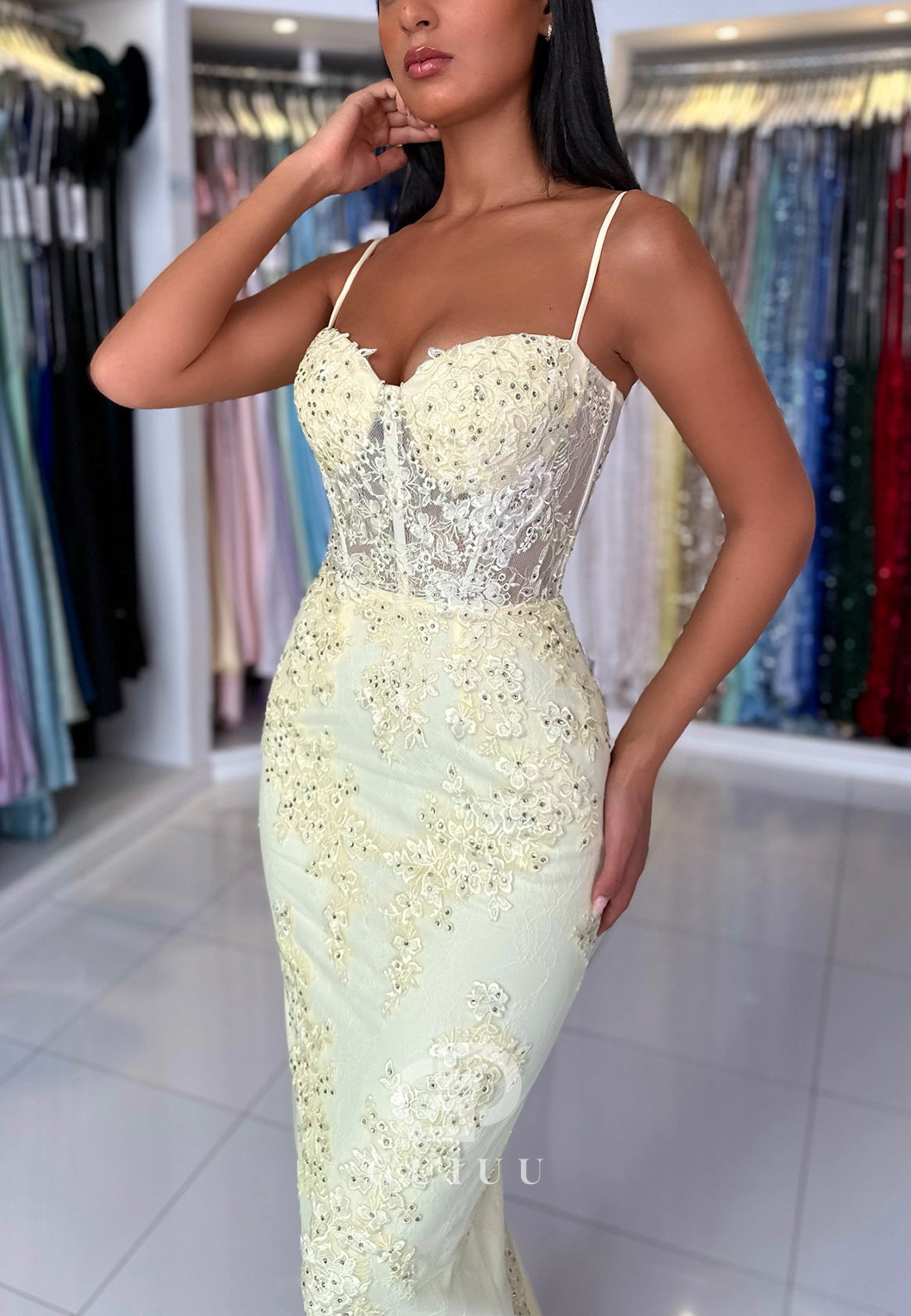 Sheath Spaghetti Straps Sweetheart Corset Tulle Prom Dress