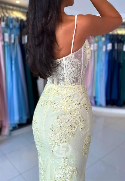 Sheath Spaghetti Straps Sweetheart Corset Tulle Prom Dress