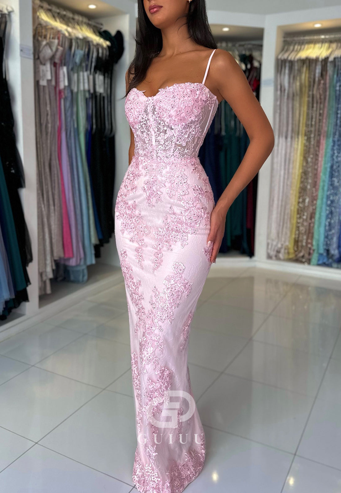 Sheath Spaghetti Straps Sweetheart Corset Tulle Prom Dress