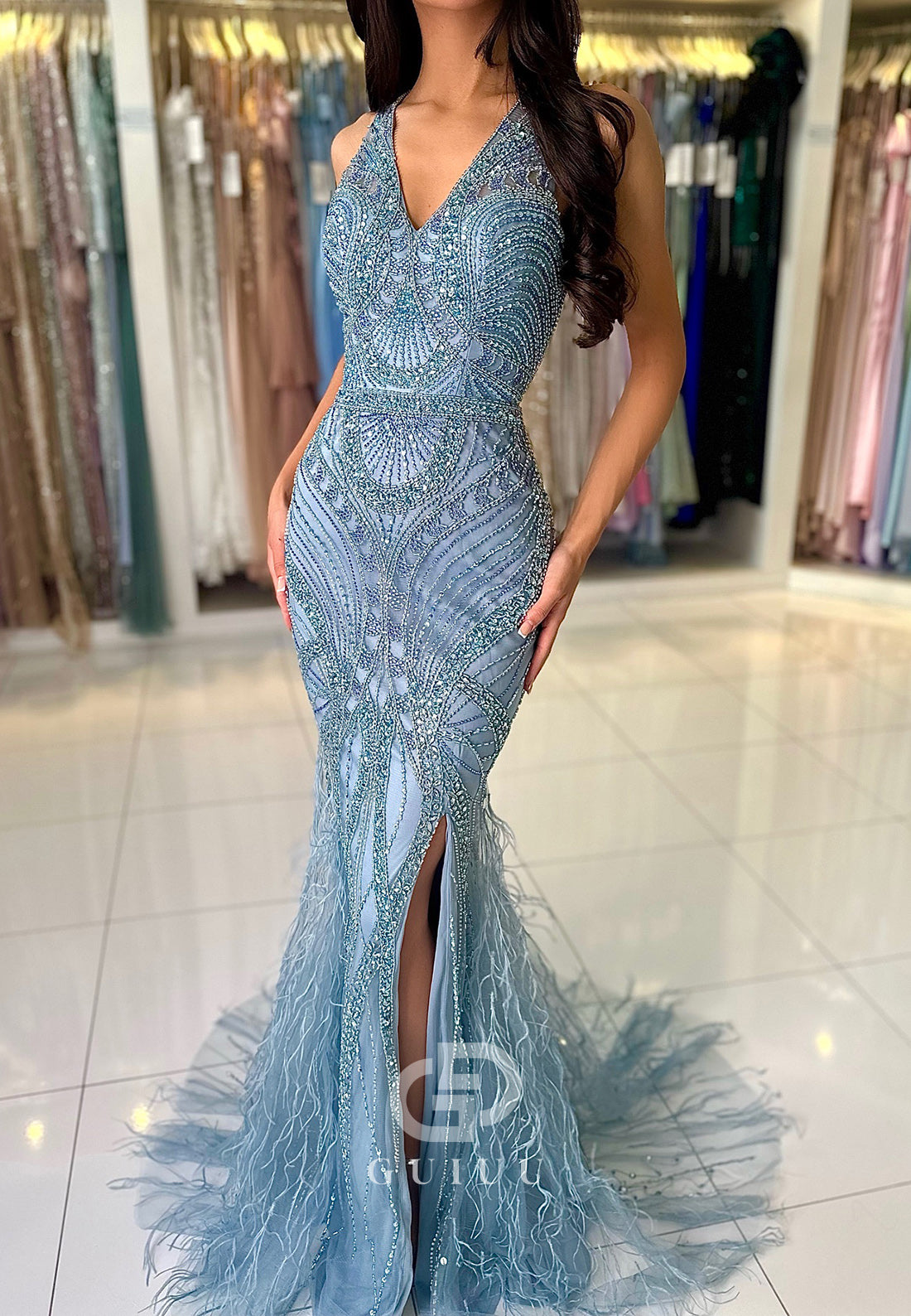 Mermaid Halter Sleeveless Sequins Slit Prom Dress