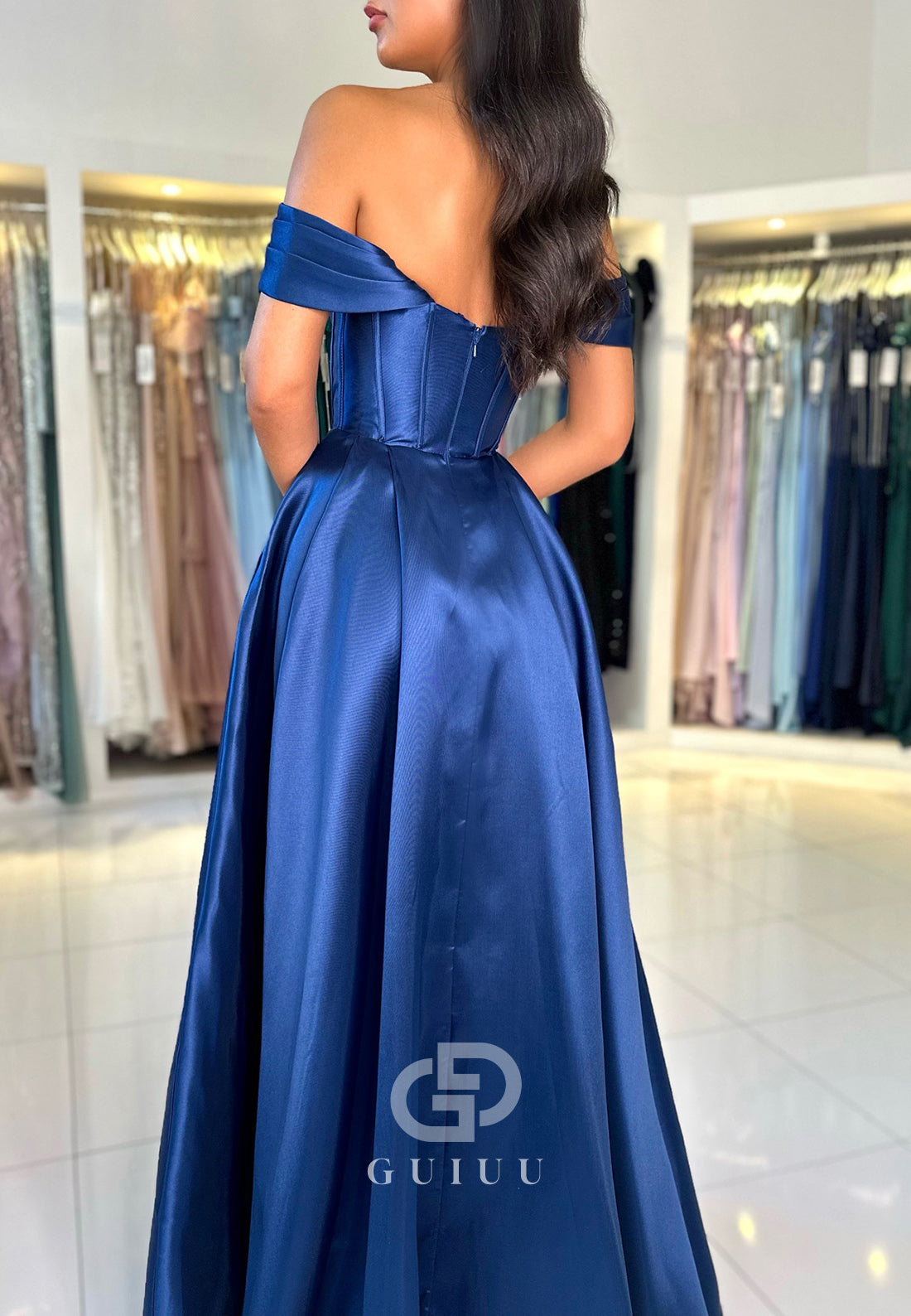 Charming A-Line Off-Shoulder Empire-Waist Corset Satin Prom Dress