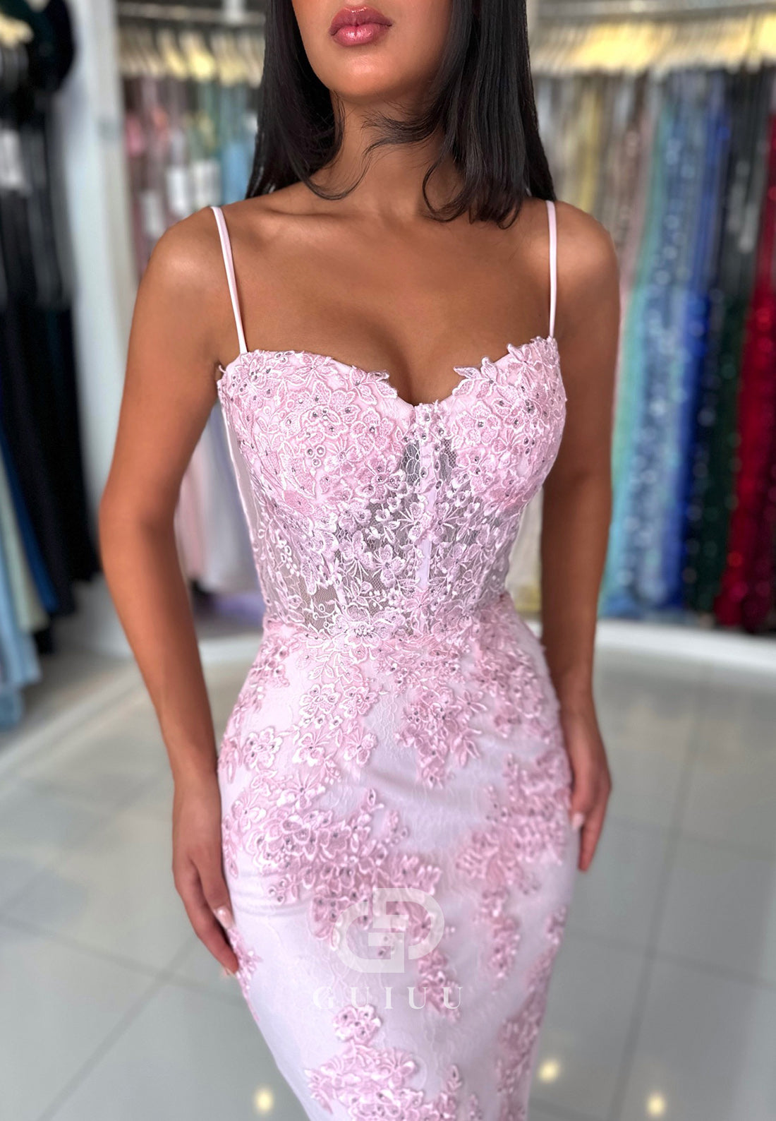 Sheath Spaghetti Straps Sweetheart Corset Tulle Prom Dress