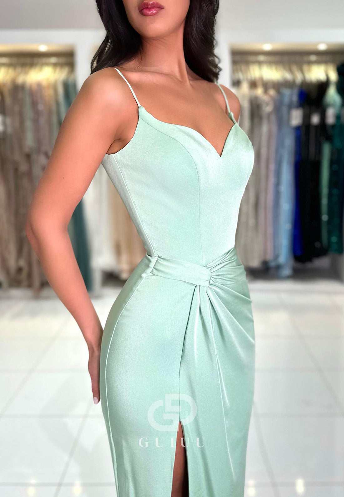 Sheath Spaghetti Straps Sweetheart Slit Ruched Prom Dress