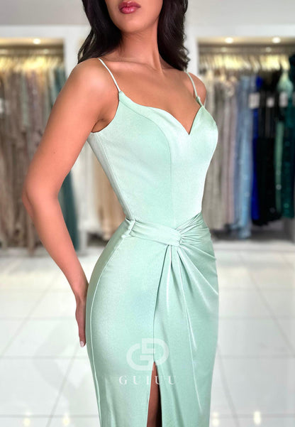 Sheath Spaghetti Straps Sweetheart Slit Ruched Prom Dress