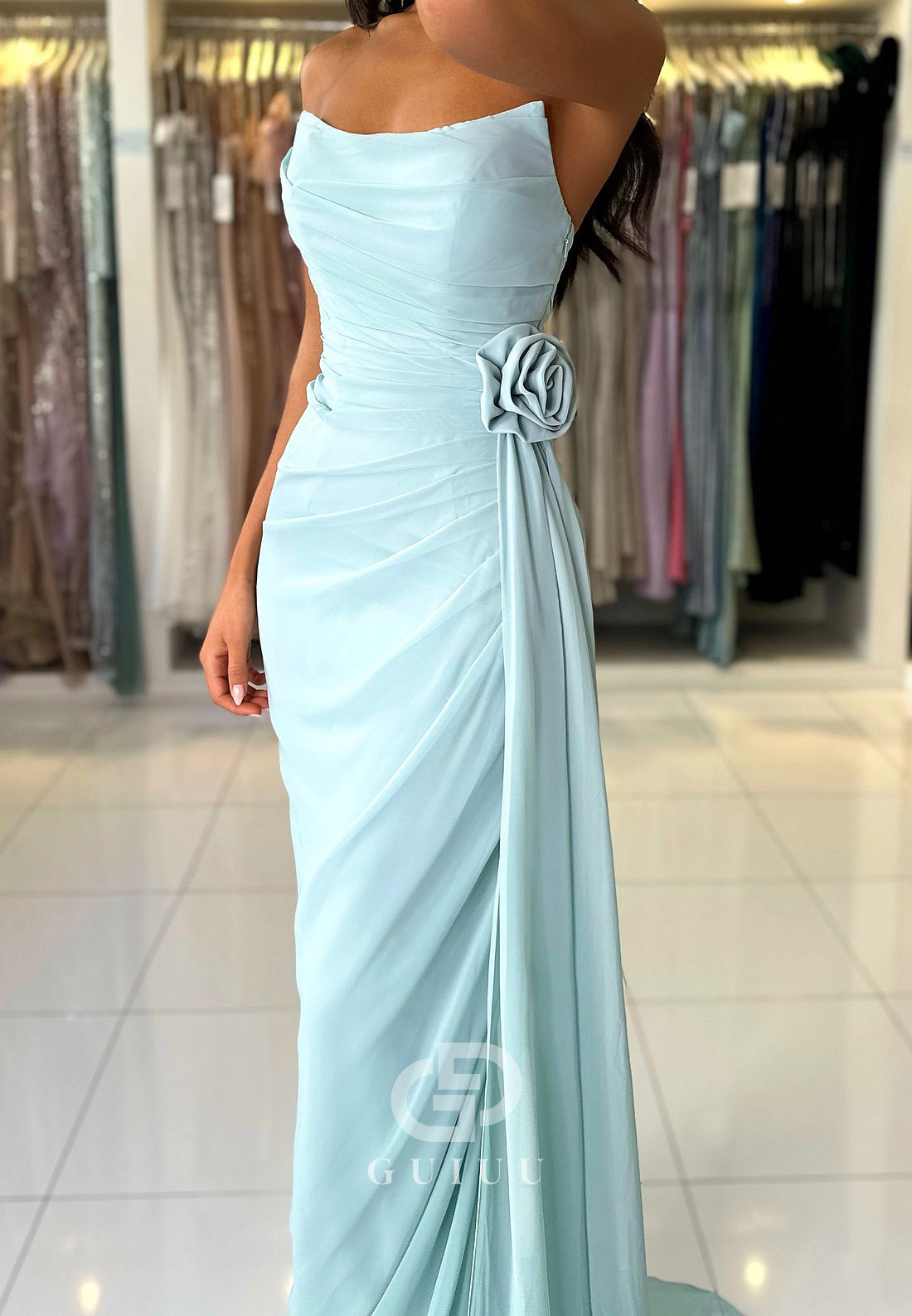 Sheath Sleeveless Strapless Prom Dress with Train Ruched Evening Party Dress