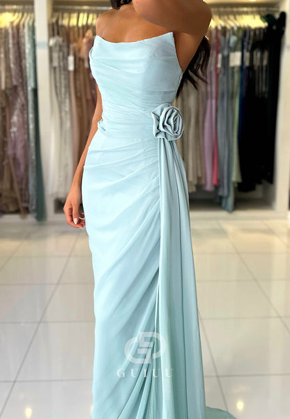 Sheath Sleeveless Strapless Prom Dress with Train Ruched Evening Party Dress