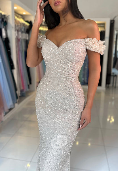 White Mermaid Off-Shoulder Sequins Sweep Train Prom Dress