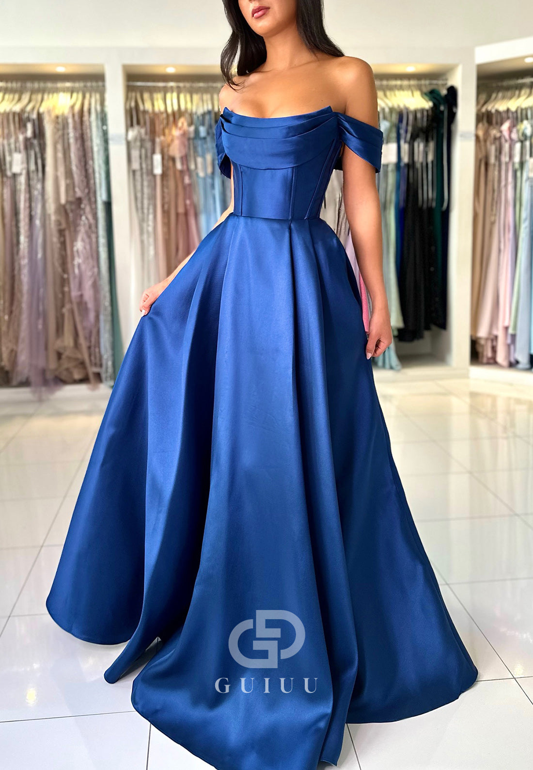Charming A-Line Off-Shoulder Empire-Waist Corset Satin Prom Dress