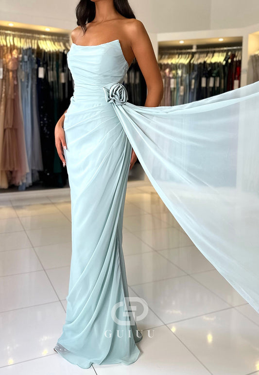 Sheath Sleeveless Strapless Prom Dress with Train Ruched Evening Party Dress