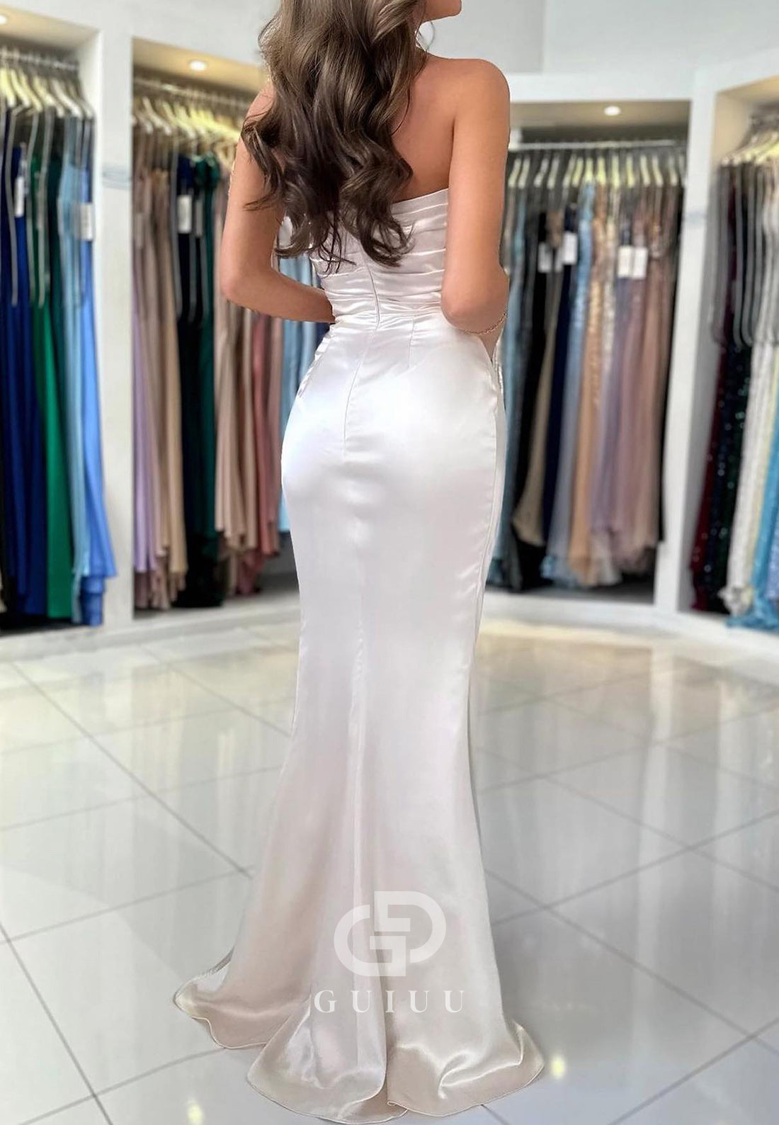 Simple Sheath Sleeveless Strapless Prom Dress with Slit Ruched Evening Party Dress