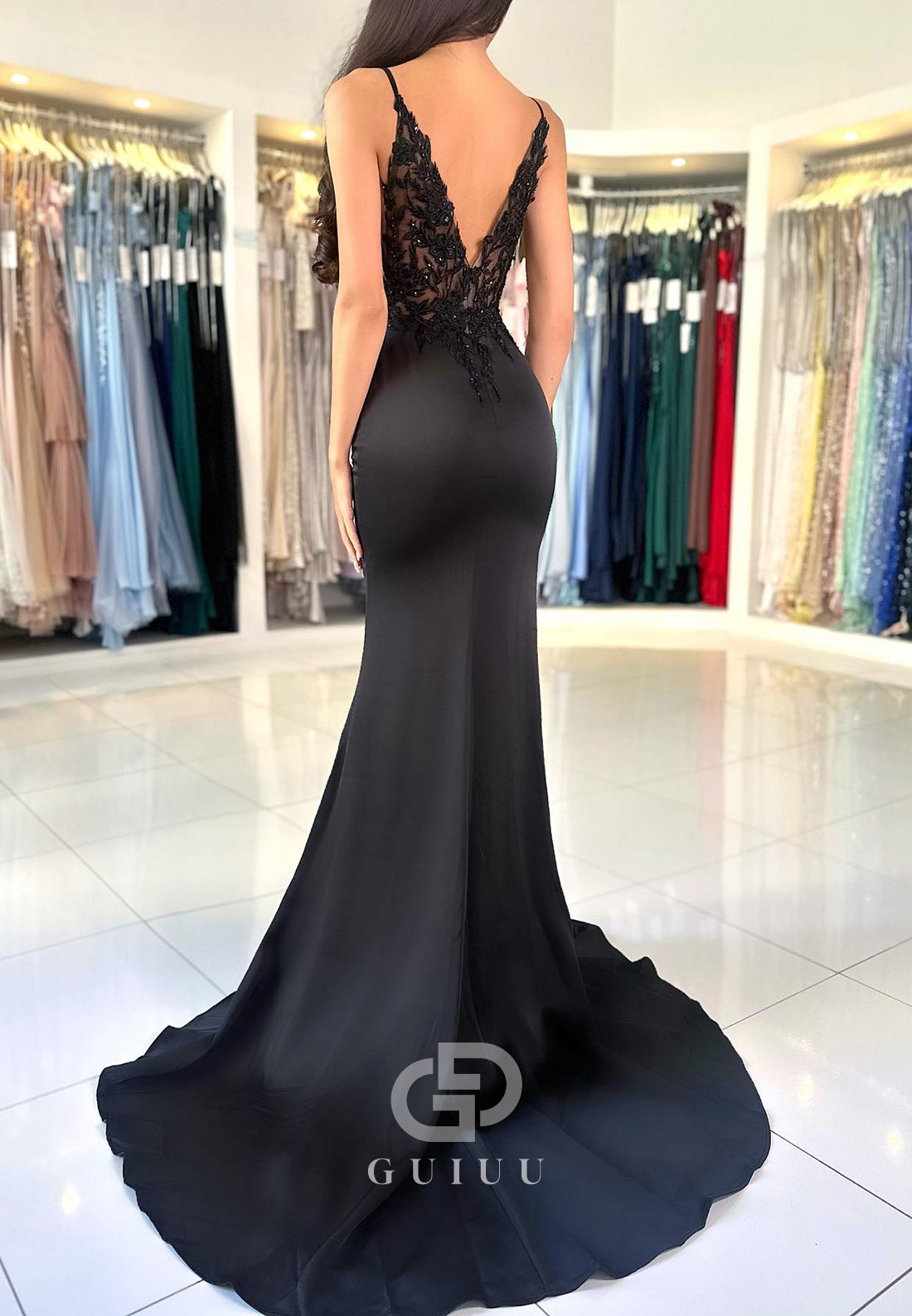 Spaghetti Straps V-Neck Corset Tulle Slit Prom Dress Dress