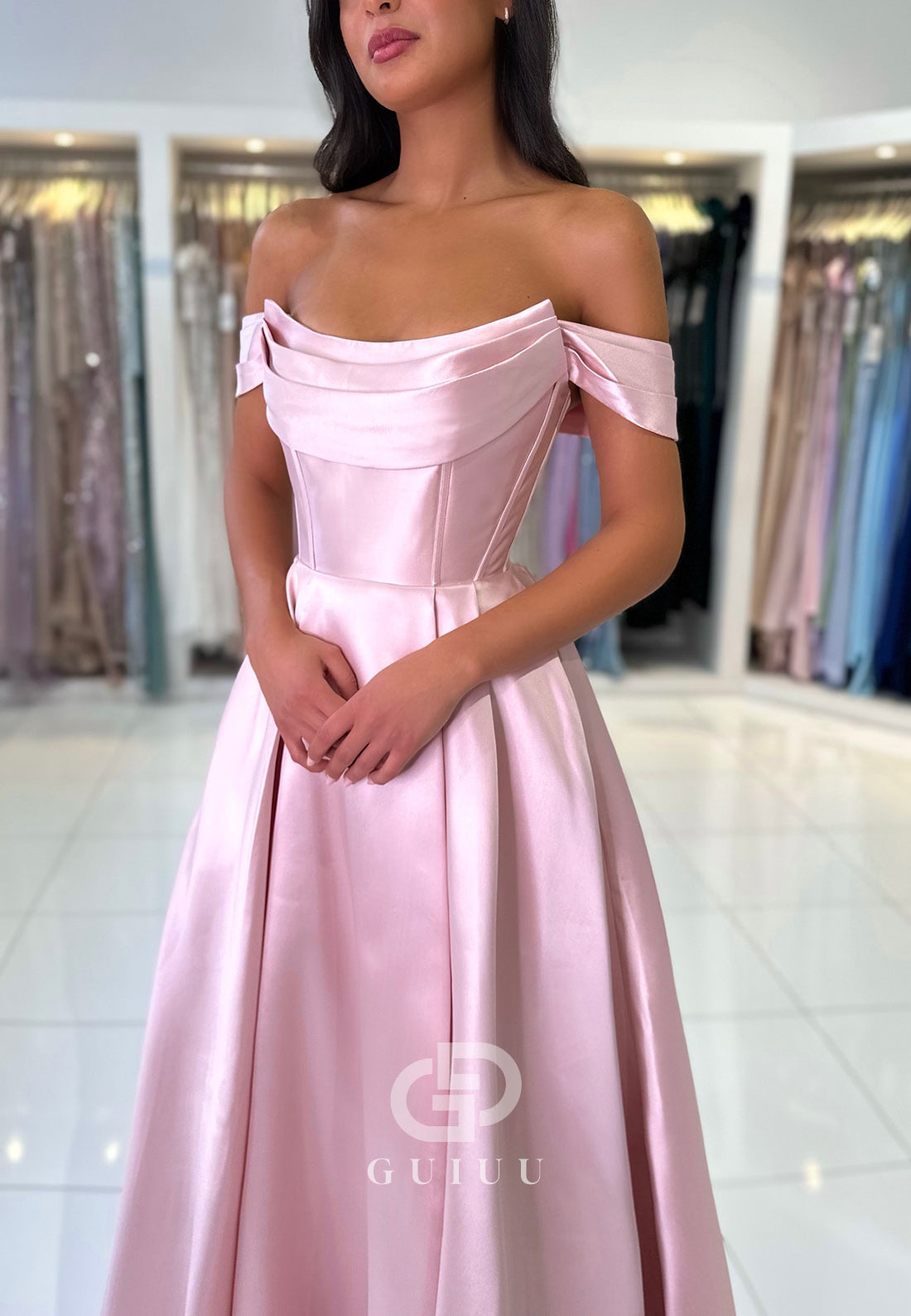 Charming A-Line Off-Shoulder Empire-Waist Corset Satin Prom Dress