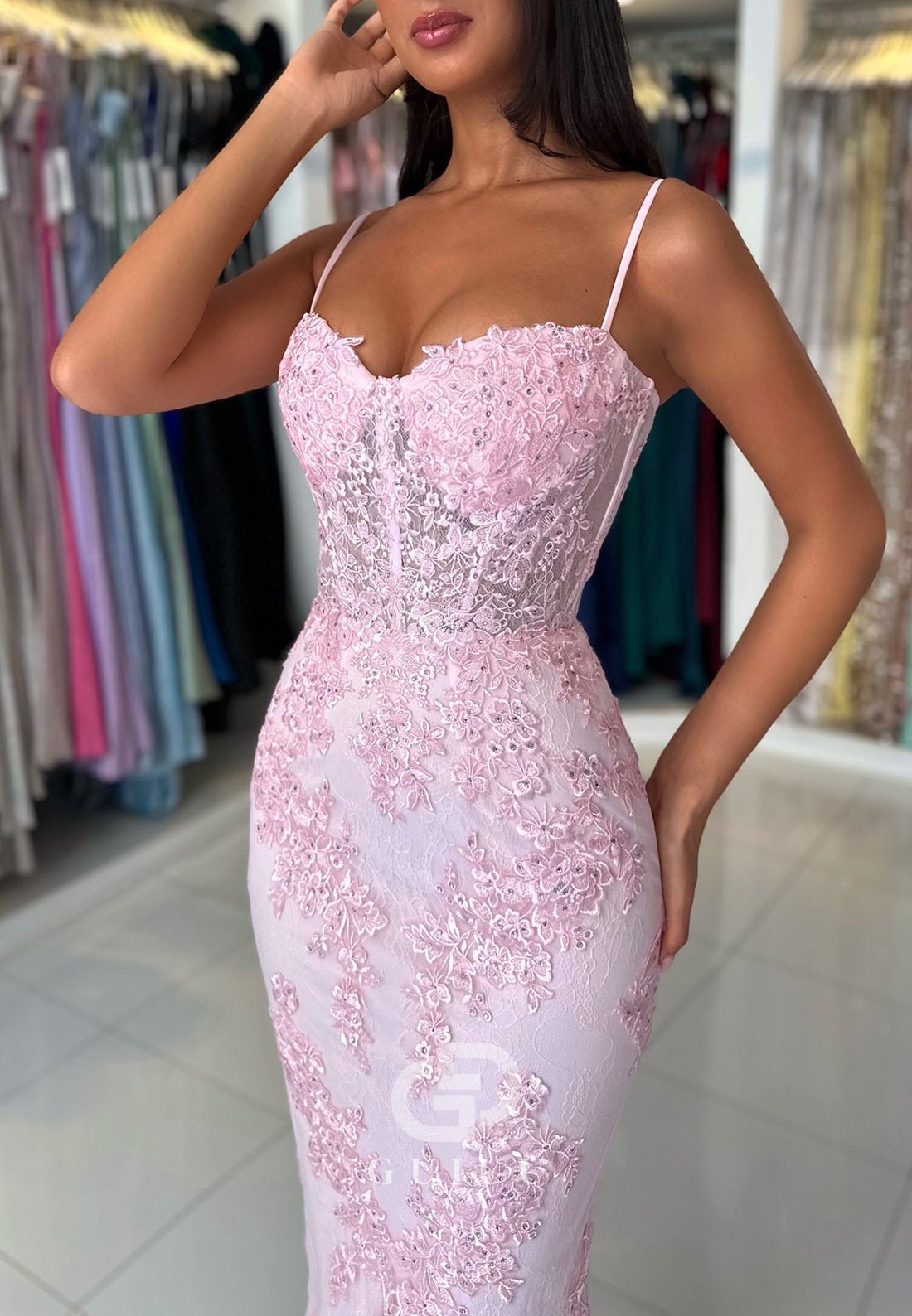 Sheath Spaghetti Straps Sweetheart Corset Tulle Prom Dress