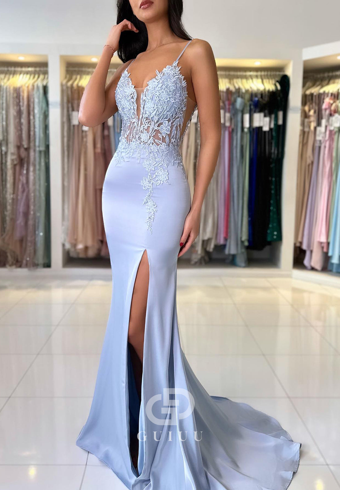 Spaghetti Straps V-Neck Corset Tulle Slit Prom Dress Dress