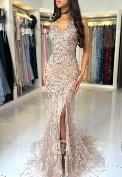 Mermaid Halter Sleeveless Sequins Slit Prom Dress