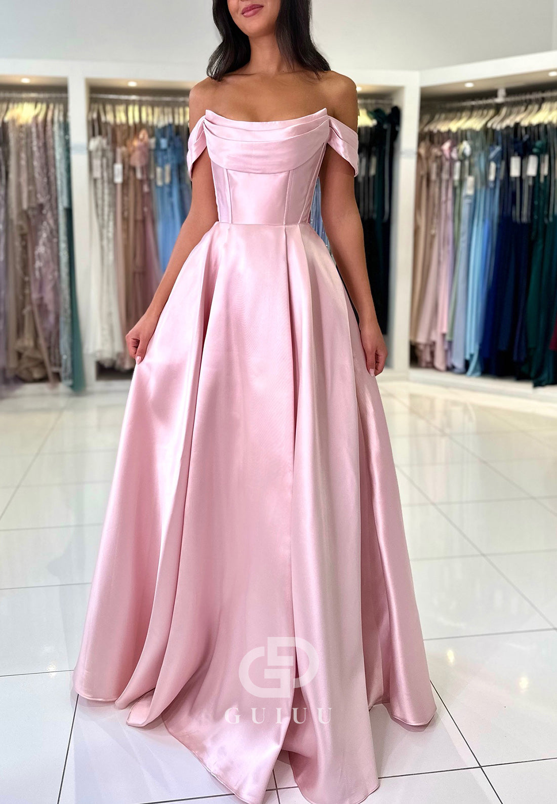 Charming A-Line Off-Shoulder Empire-Waist Corset Satin Prom Dress