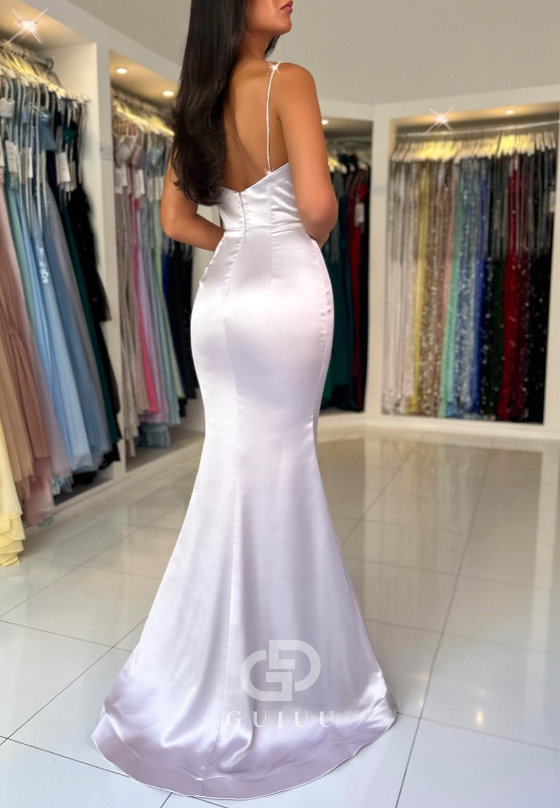 Simple Spaghetti Straps Scoop Slit Satin Prom Dress