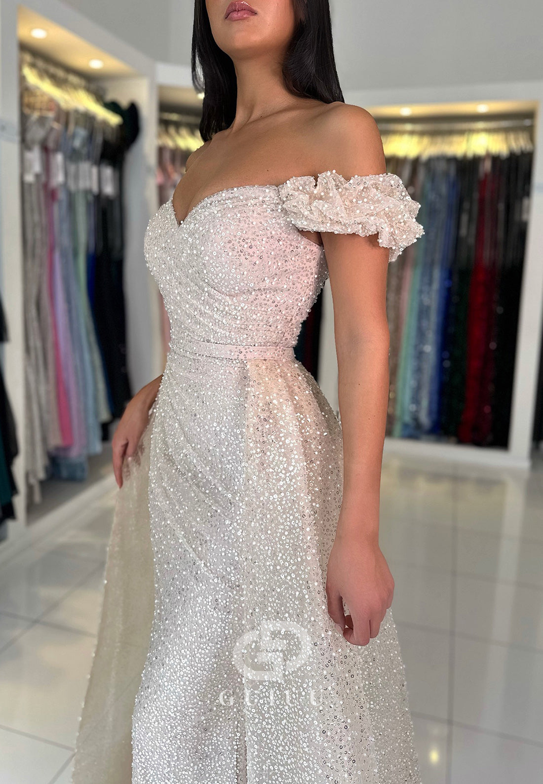 White Mermaid Off-Shoulder Sequins Sweep Train Prom Dress