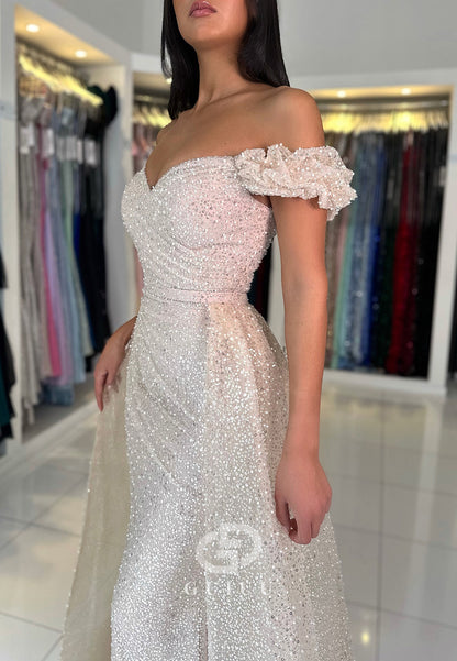 White Mermaid Off-Shoulder Sequins Sweep Train Prom Dress