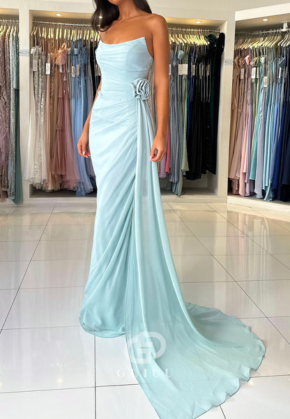 Sheath Sleeveless Strapless Prom Dress with Train Ruched Evening Party Dress