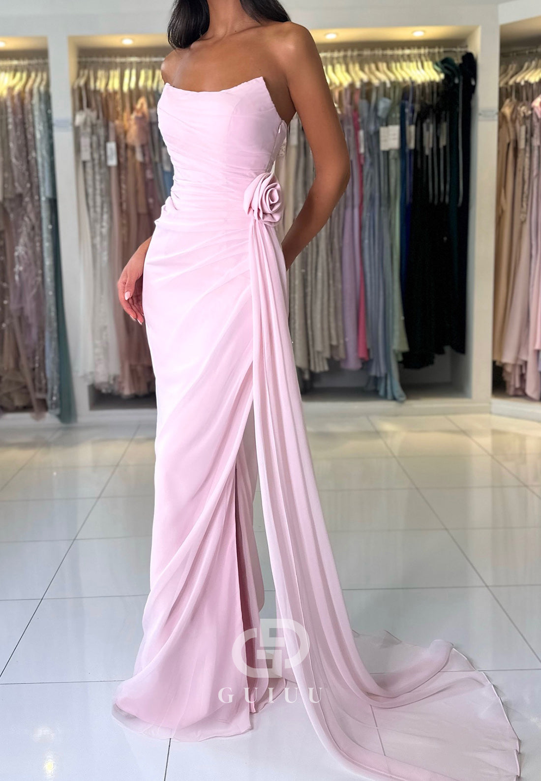 Sheath Sleeveless Strapless Prom Dress with Train Ruched Evening Party Dress