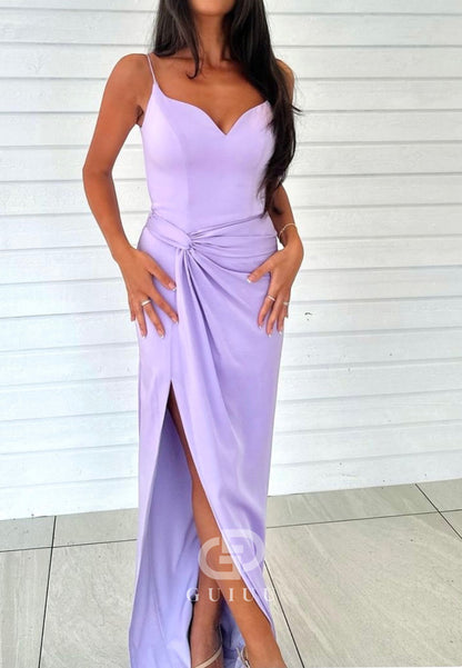 Sheath Spaghetti Straps Sweetheart Slit Ruched Prom Dress