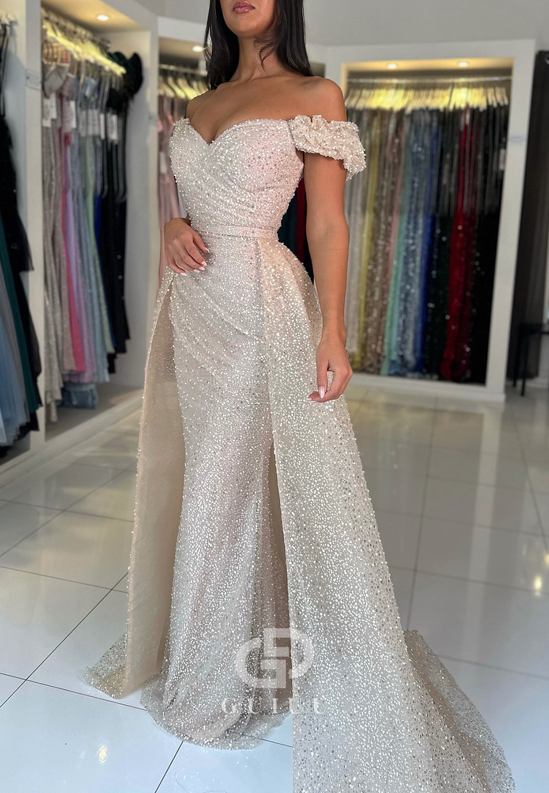 White Mermaid Off-Shoulder Sequins Sweep Train Prom Dress