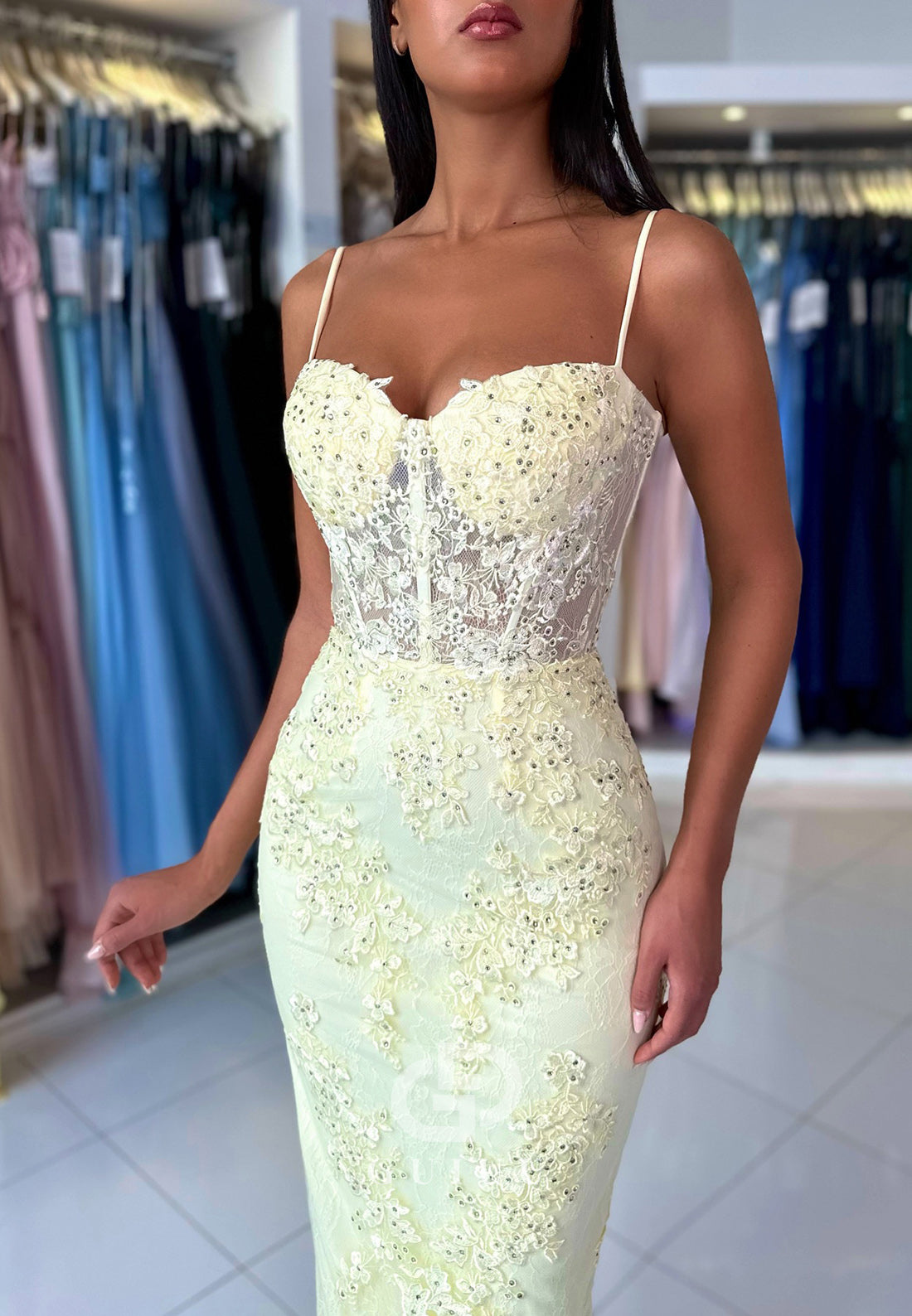 Sheath Spaghetti Straps Sweetheart Corset Tulle Prom Dress