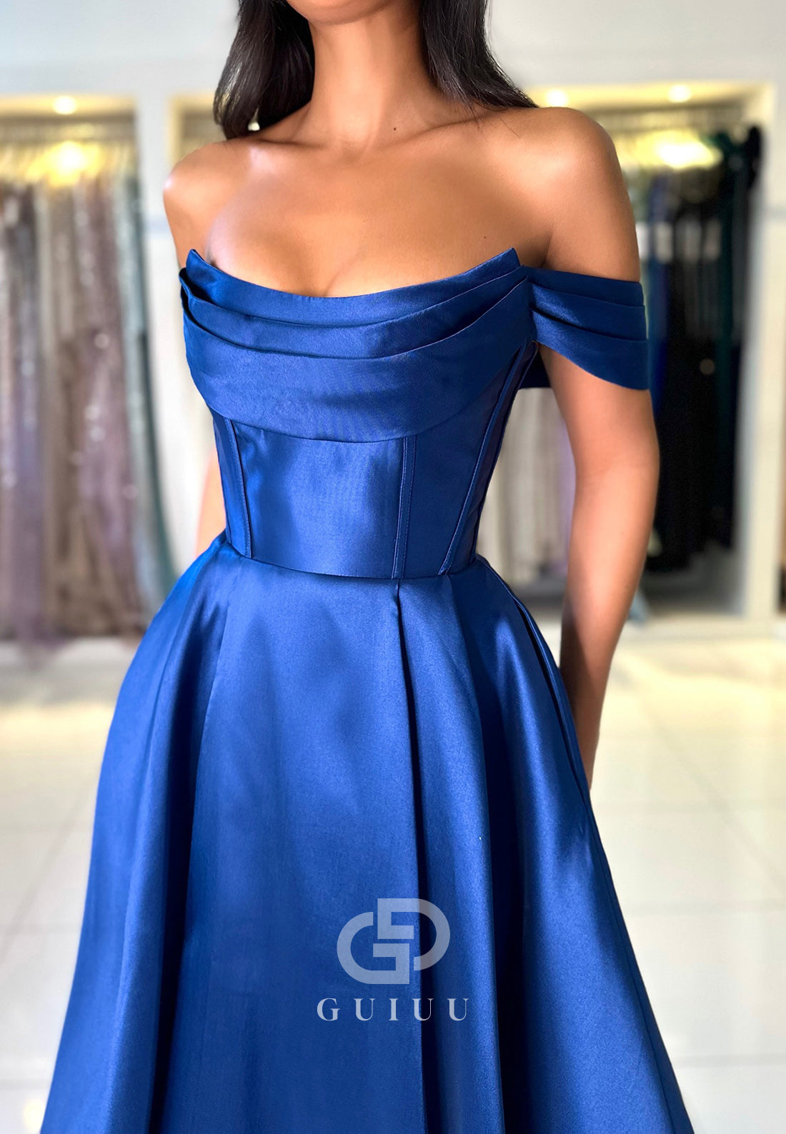 Charming A-Line Off-Shoulder Empire-Waist Corset Satin Prom Dress