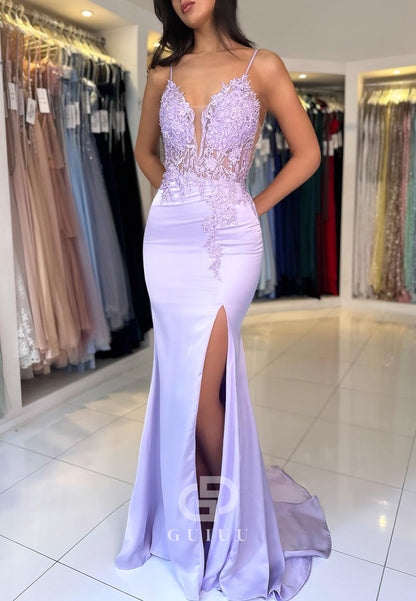 Spaghetti Straps V-Neck Corset Tulle Slit Prom Dress Dress