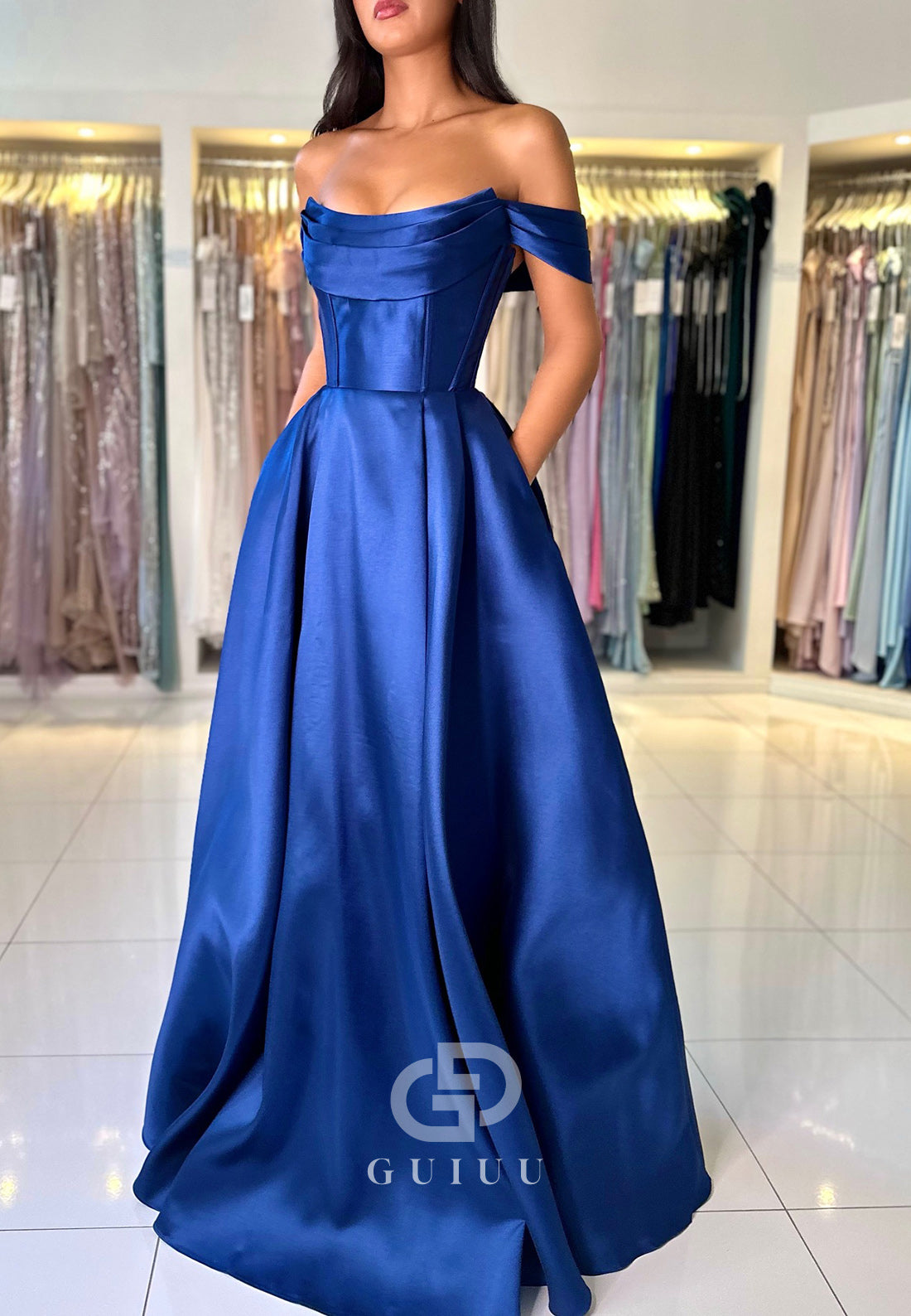 Charming A-Line Off-Shoulder Empire-Waist Corset Satin Prom Dress