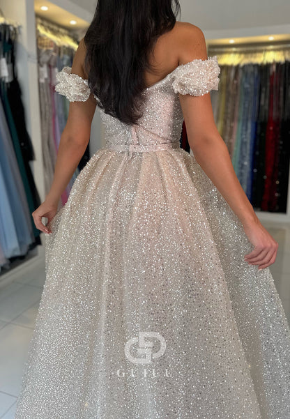 White Mermaid Off-Shoulder Sequins Sweep Train Prom Dress