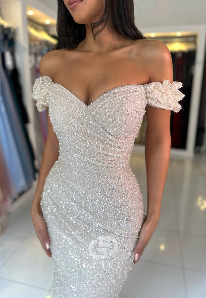 White Mermaid Off-Shoulder Sequins Sweep Train Prom Dress