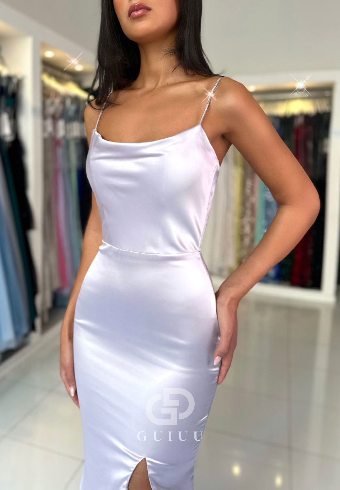 Simple Spaghetti Straps Scoop Slit Satin Prom Dress