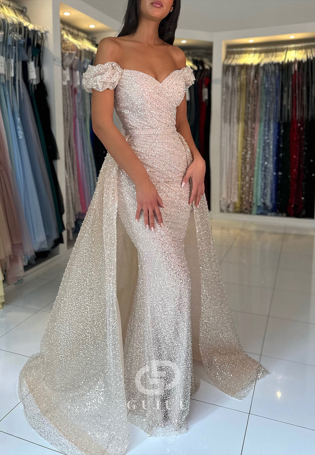 White Mermaid Off-Shoulder Sequins Sweep Train Prom Dress