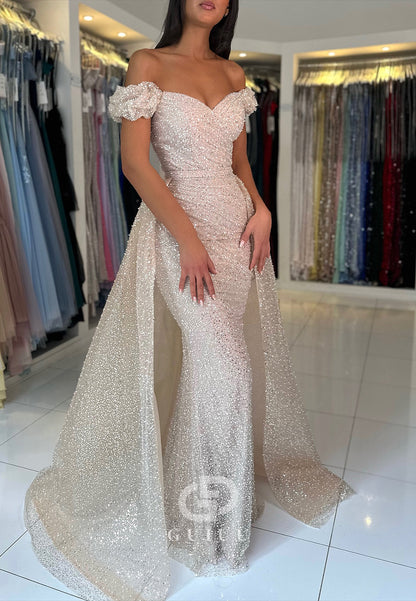 White Mermaid Off-Shoulder Sequins Sweep Train Prom Dress