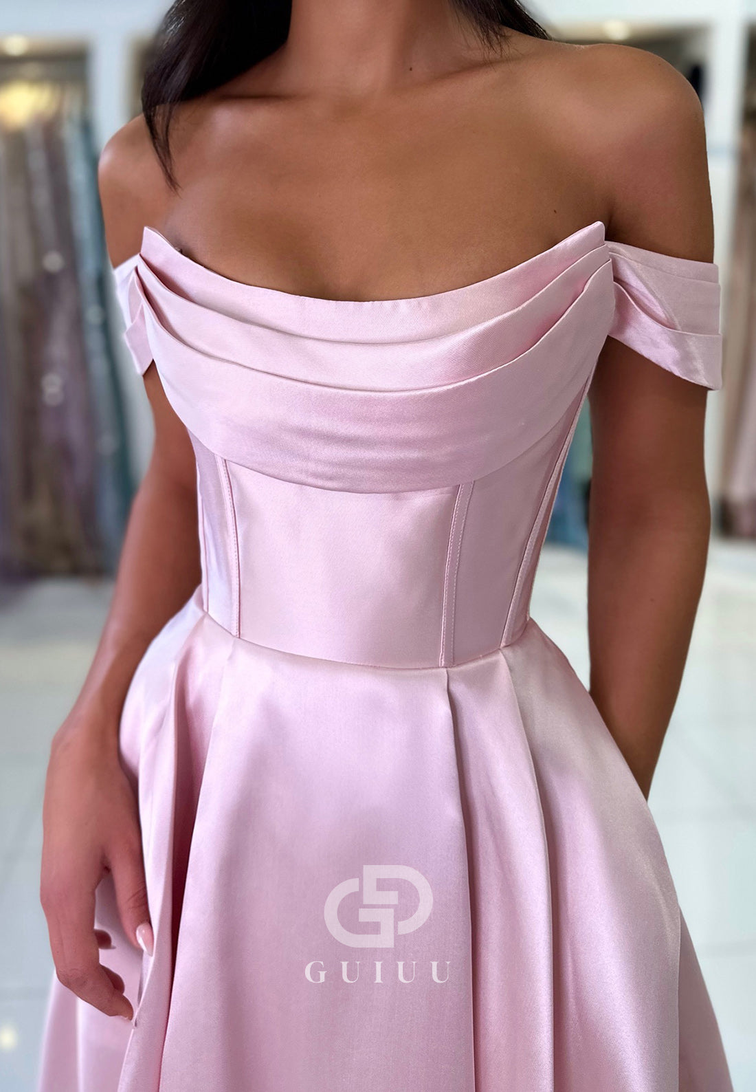 Charming A-Line Off-Shoulder Empire-Waist Corset Satin Prom Dress