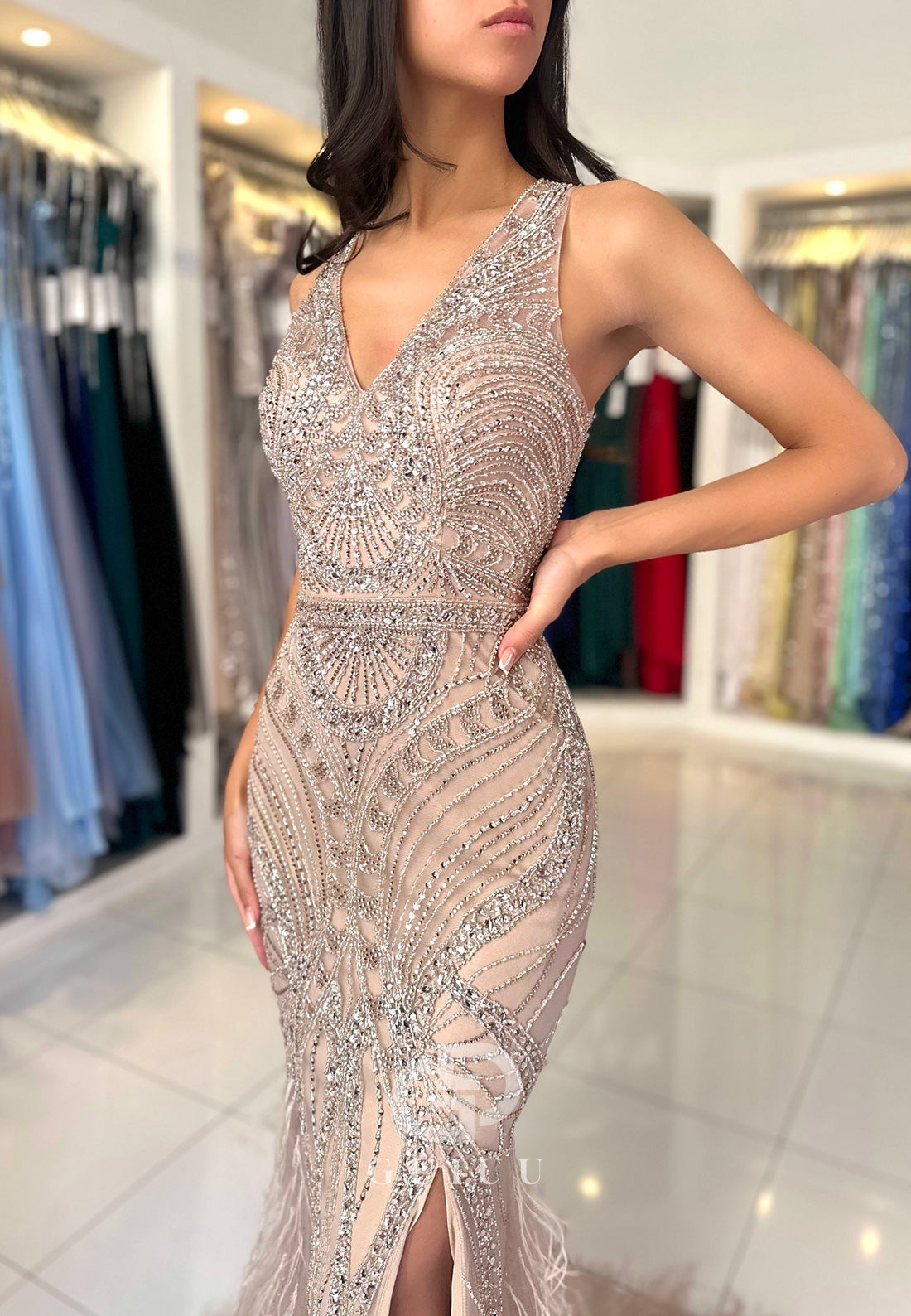 Mermaid Halter Sleeveless Sequins Slit Prom Dress
