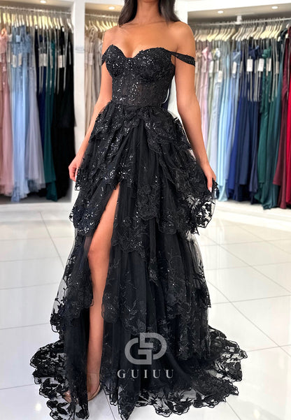 A-line Off-Shoulder Sleeveless Prom Dress with Slit Ruffles Party Dress