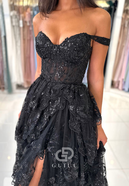 A-line Off-Shoulder Sleeveless Prom Dress with Slit Ruffles Party Dress