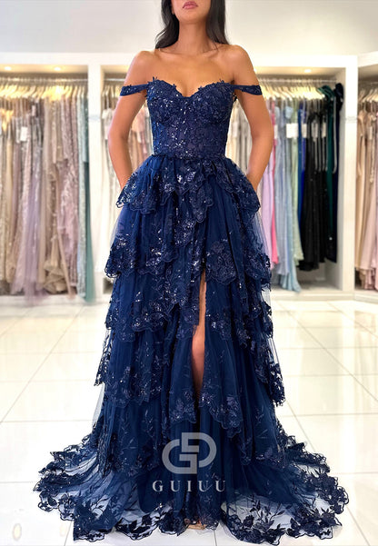 A-line Off-Shoulder Sleeveless Prom Dress with Slit Ruffles Party Dress