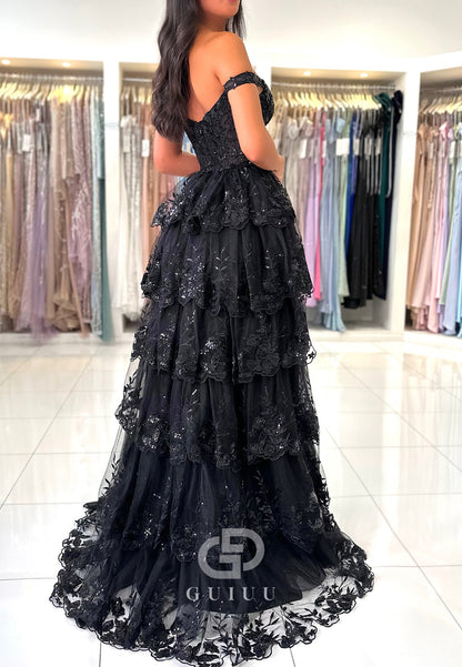 A-line Off-Shoulder Sleeveless Prom Dress with Slit Ruffles Party Dress