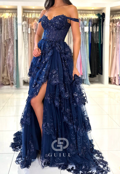 A-line Off-Shoulder Sleeveless Prom Dress with Slit Ruffles Party Dress
