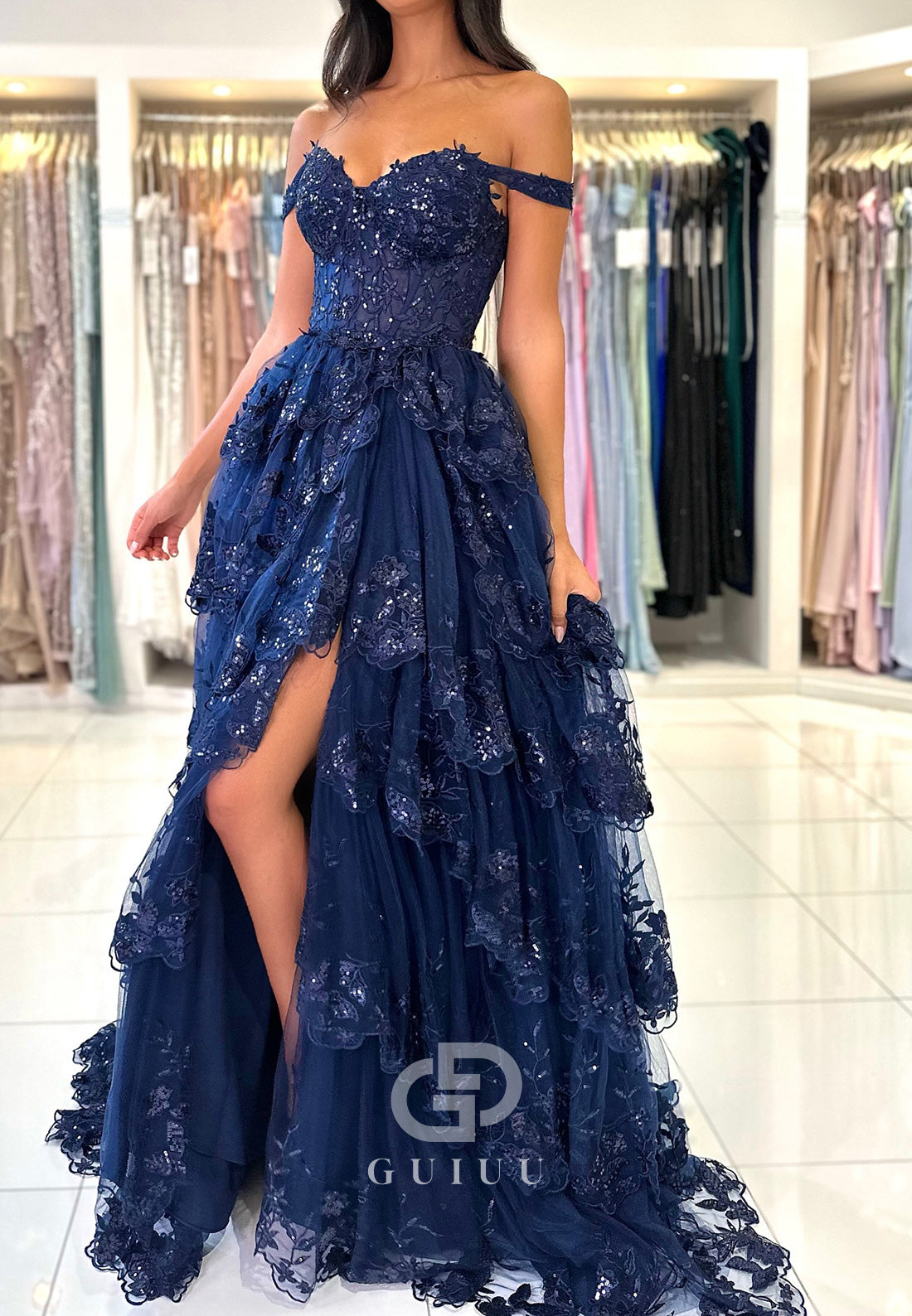 A-line Off-Shoulder Sleeveless Prom Dress with Slit Ruffles Party Dress
