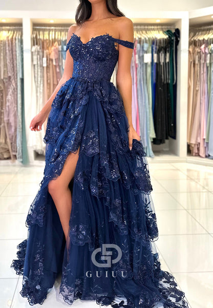 A-line Off-Shoulder Sleeveless Prom Dress with Slit Ruffles Party Dress