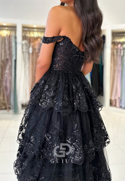 A-line Off-Shoulder Sleeveless Prom Dress with Slit Ruffles Party Dress