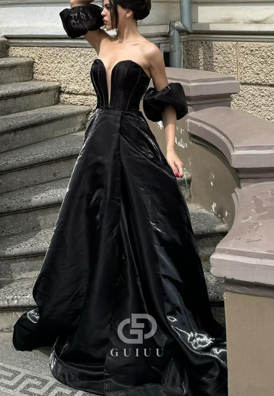 Black Off-Shoulder Empire Waist A-Line Prom Dress